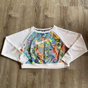 tropical print cropped  nike sweater with white long sleeves. size large.